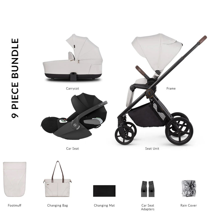 9-piece baby product bundle including a carrycot, car seat, frame, seat unit, footmuff, changing bag, changing mat, car seat adapters, and rain cover on a white background.