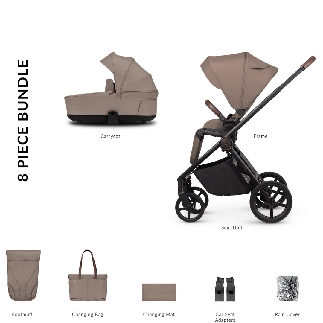 8-piece baby stroller bundle with various accessories on a white background