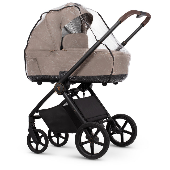 Baby stroller with a transparent rain cover on a white background