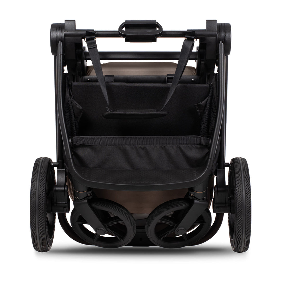 Black stroller with a brown seat on a white background