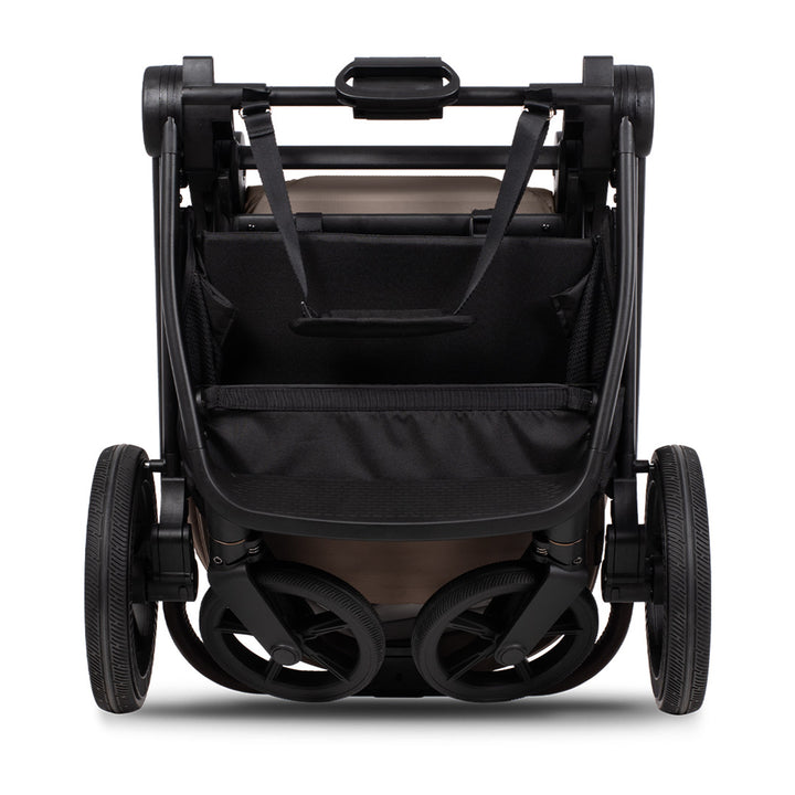 Black stroller with a brown seat on a white background