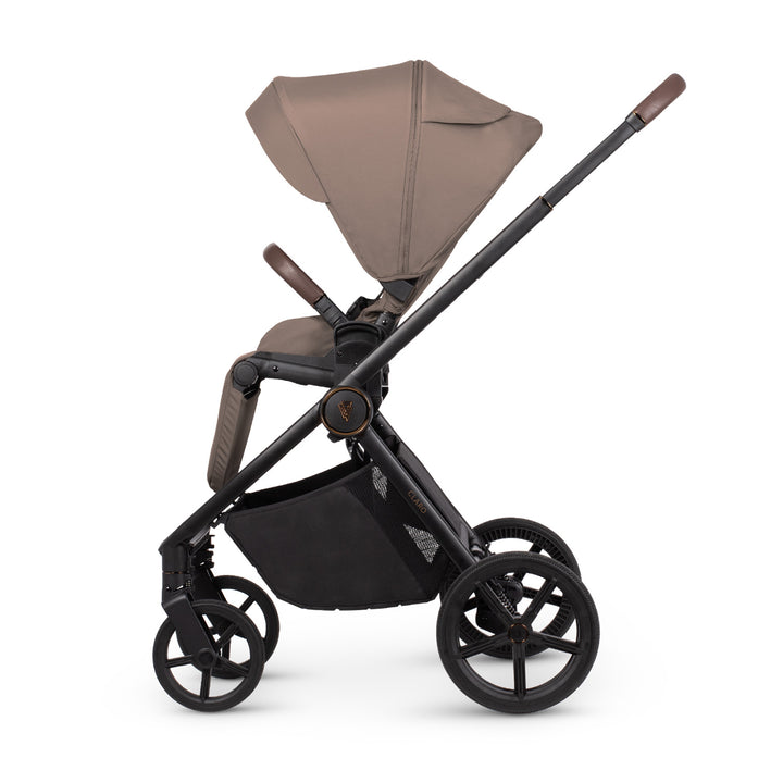 Brown and black stroller on a white background