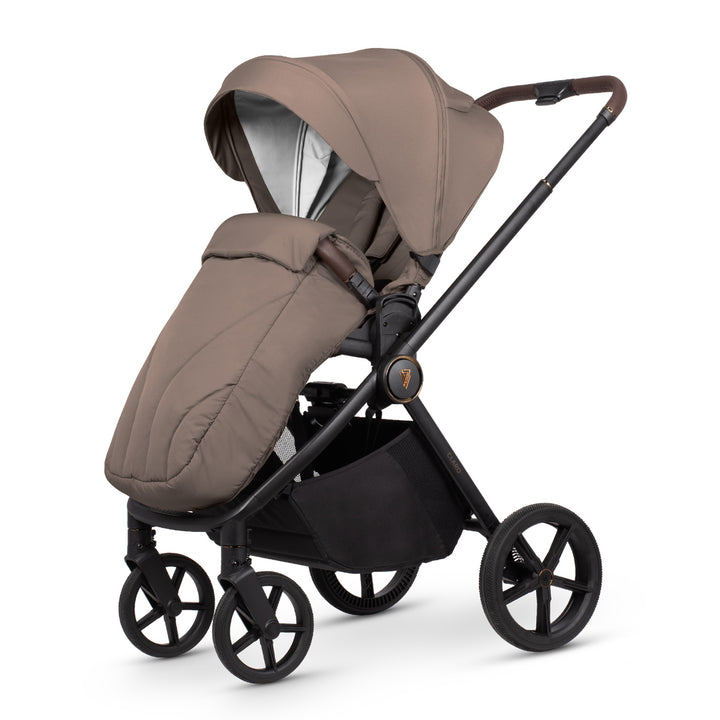 Brown baby stroller with black wheels on a white background