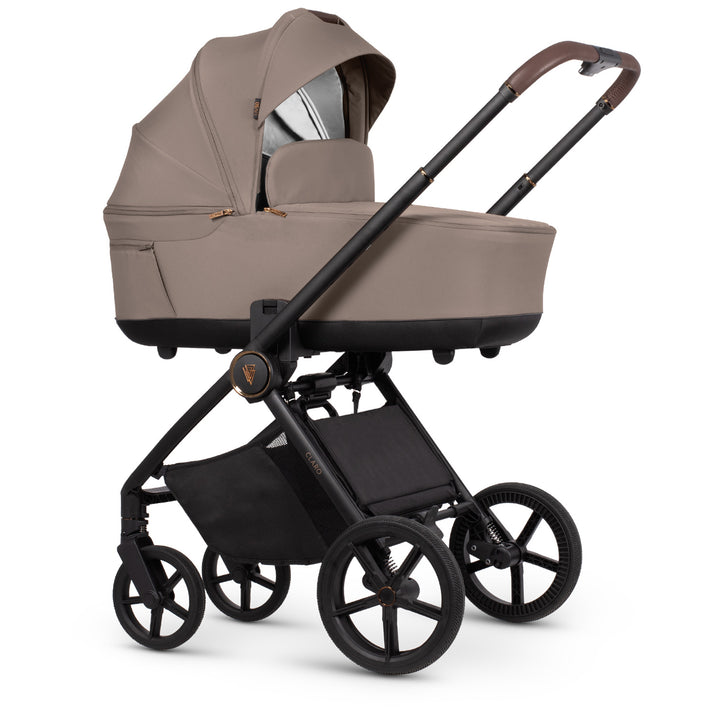 Brown baby stroller with black frame on a white background