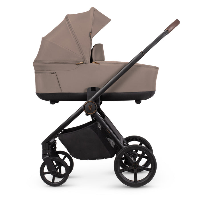 Brown stroller with black frame on a white background