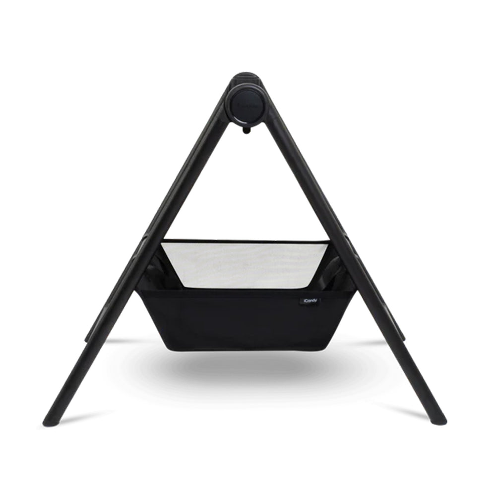 Black baby swing with white seat on a white background