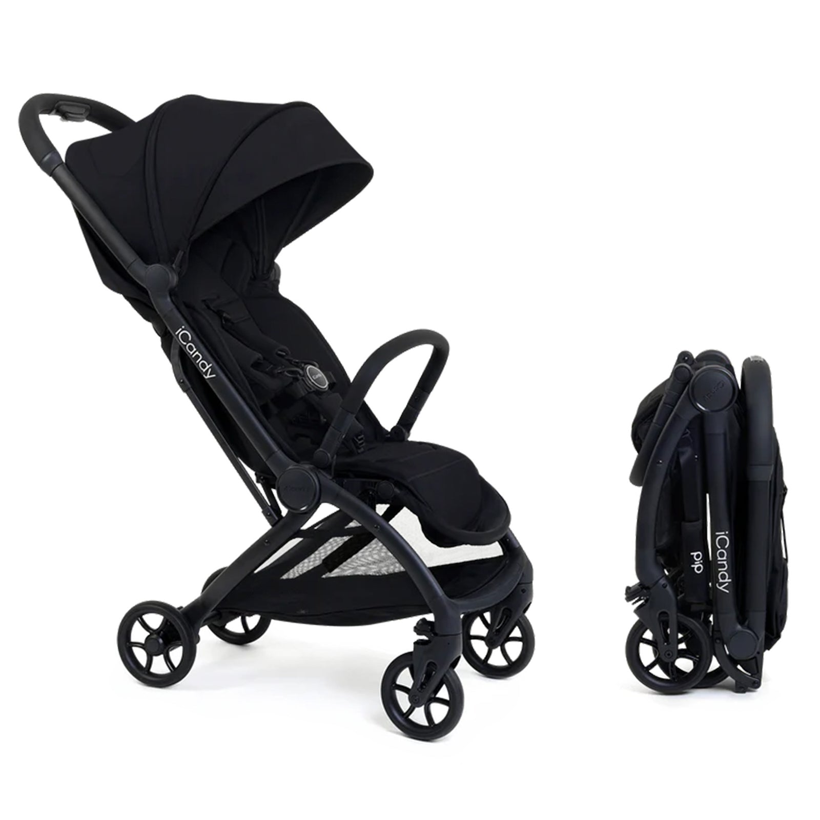 Black stroller and folded stroller on a white background