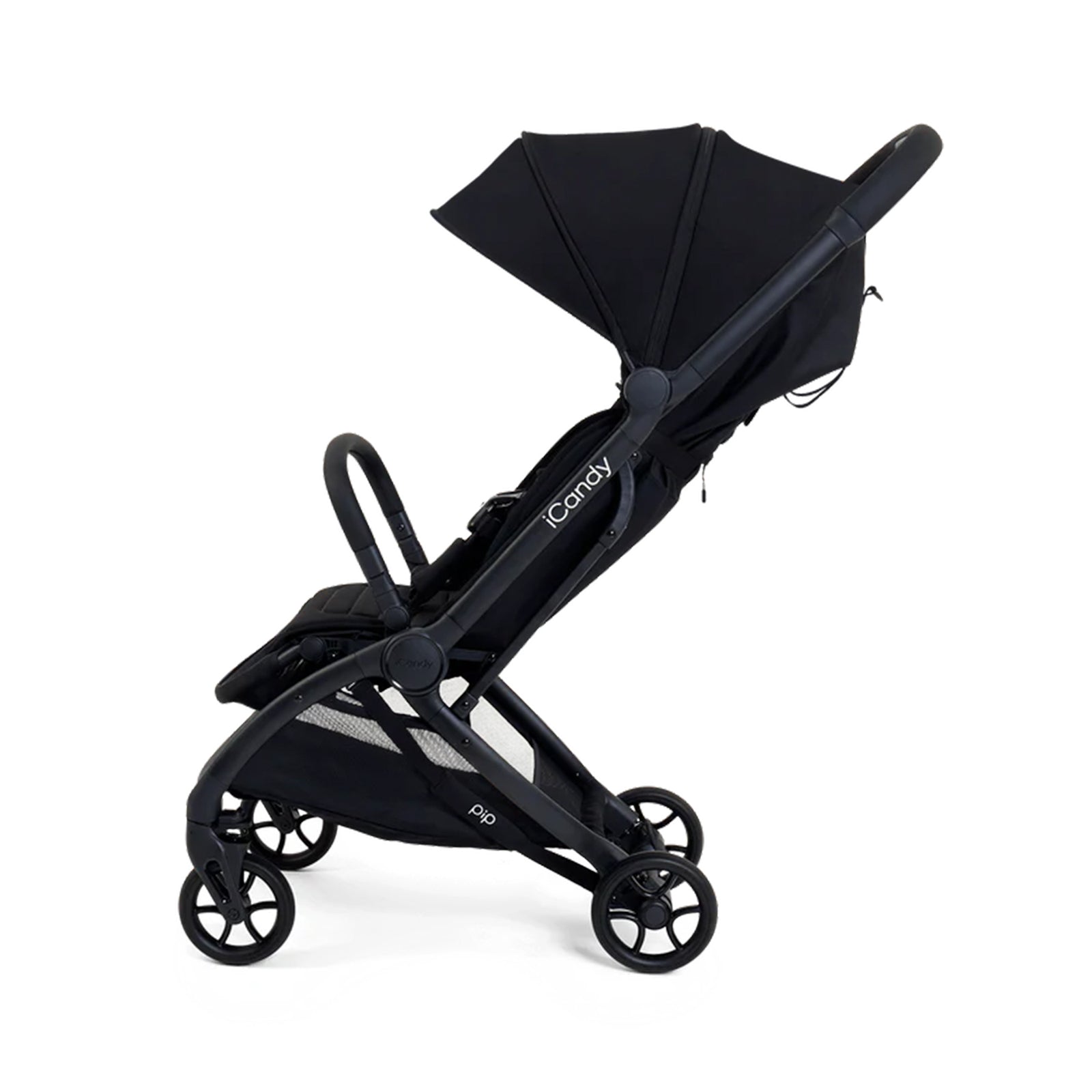 Black stroller with canopy on a white background