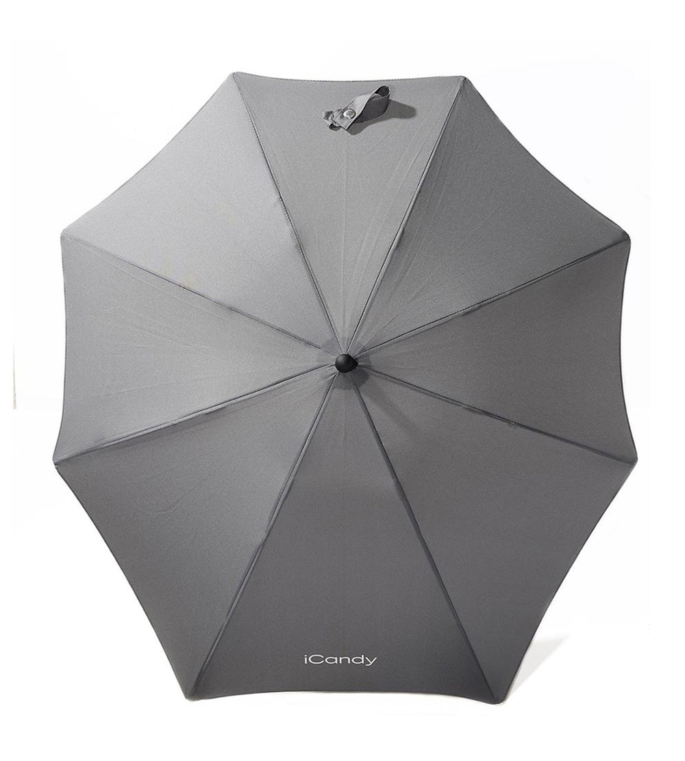 Gray umbrella with 'iCandy' branding on a white background