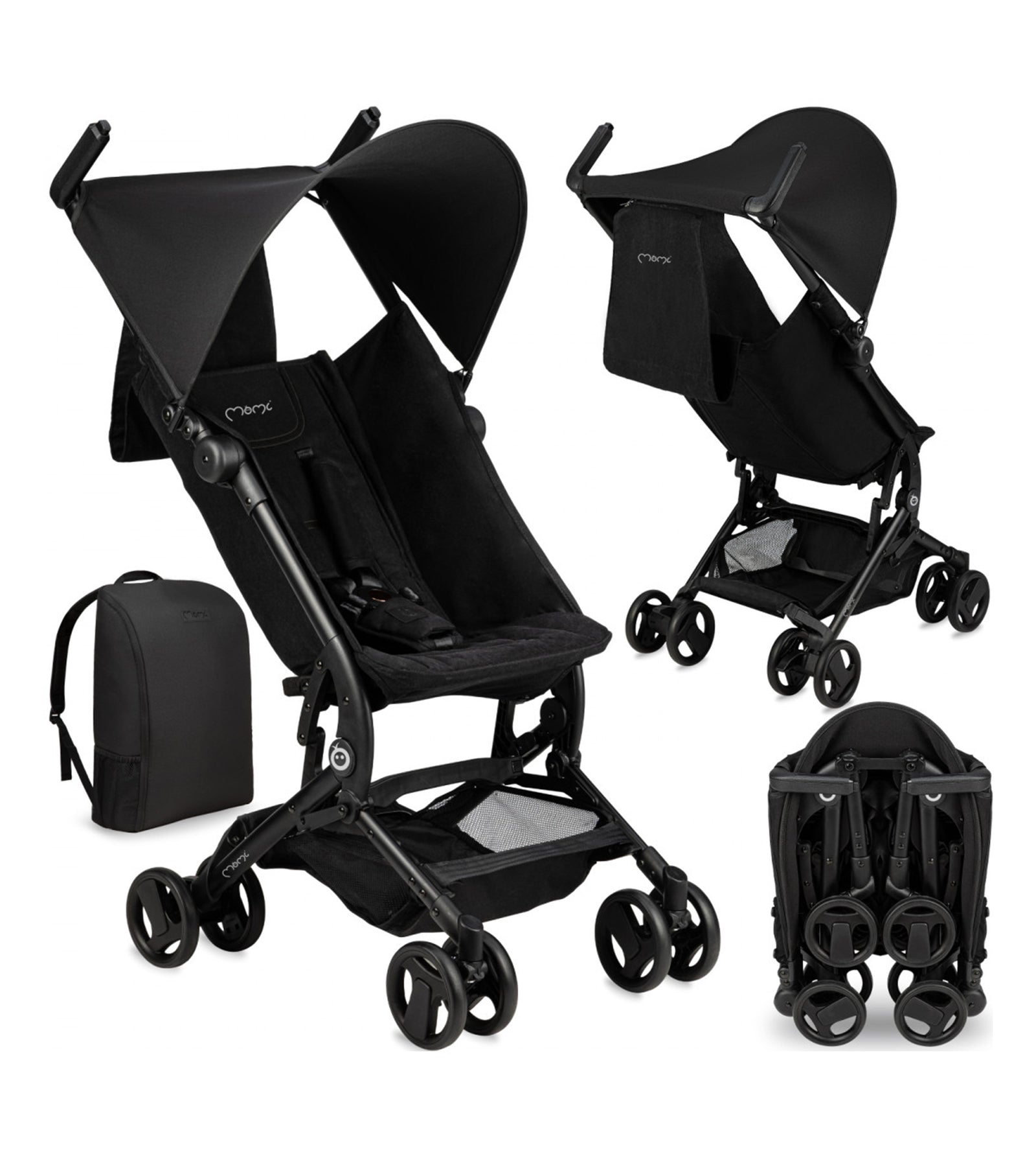 A compact black stroller with adjustable features, shown with the hood up, seat in both lying and sitting positions, and the backpack that it folds into for transport.