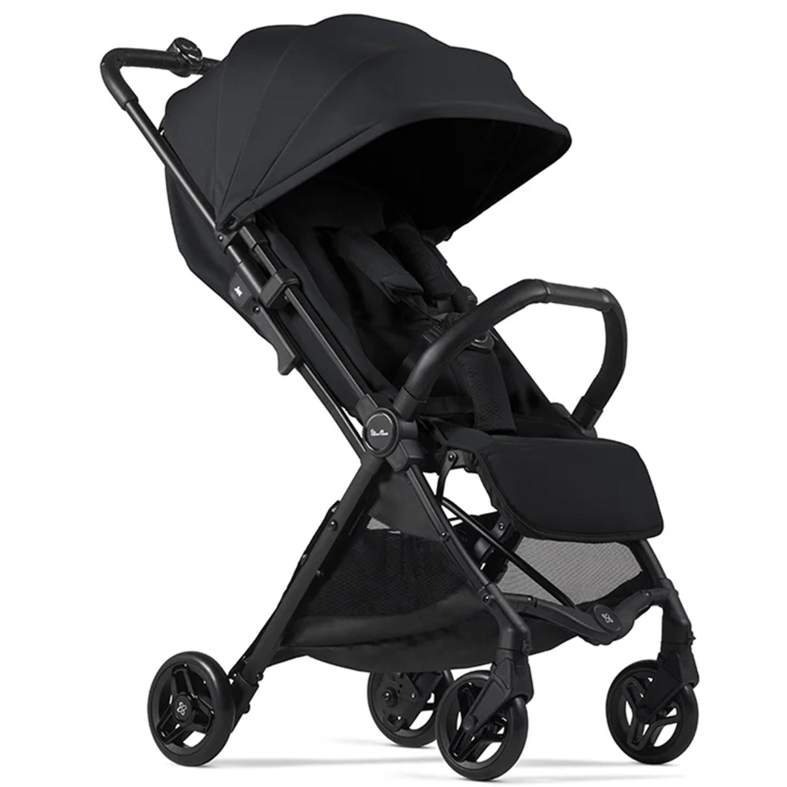 A black Silver Cross Jet 5 Compact Stroller unfolded and displayed against a white background.